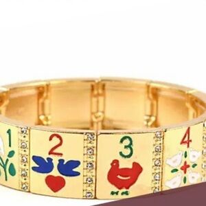 12 Days Of Christmas Gold Tone Stretch Bracelet Vivid Illustrations Rhinestone